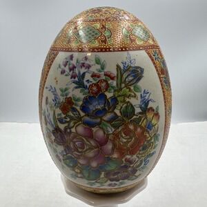 Vintage Chinese Satsuma‎ Egg Porcelain Flower Motif Hand Painted 6"